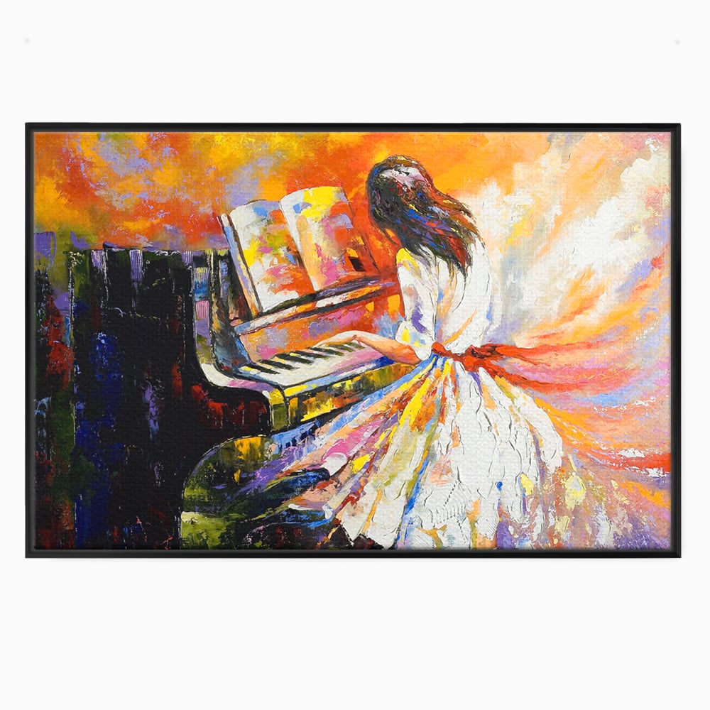 Tablou canvas cu pictura cu femeie cantand la pian, in rama de aluminiu negru